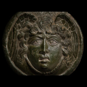 Roman Bronze Medusa Phalera with Silver Inlays