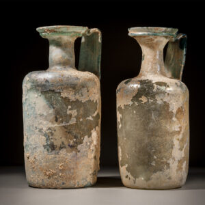 Pair of Large Glass Ewers with Wide Strap Handles